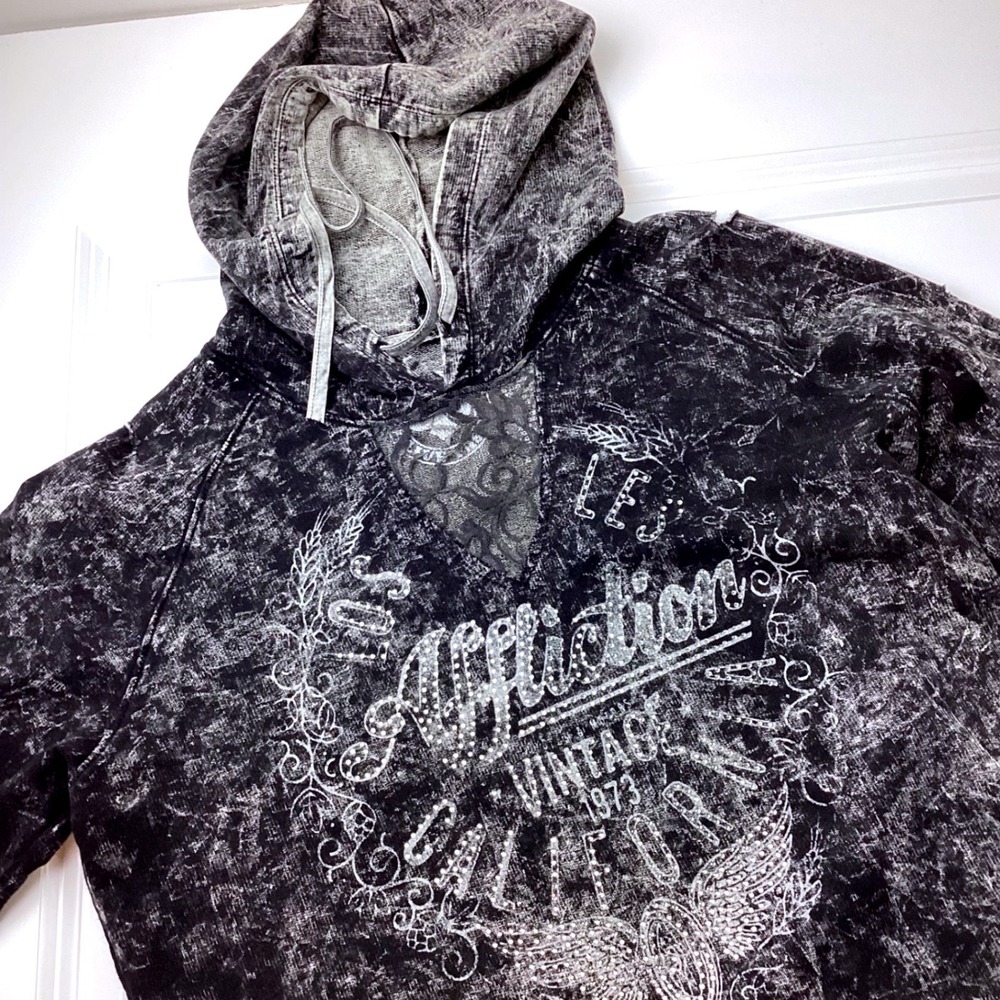 Affliction Live Fast Womens Hoodie Acid Wash Lace Inset Rhinestone Distressed M